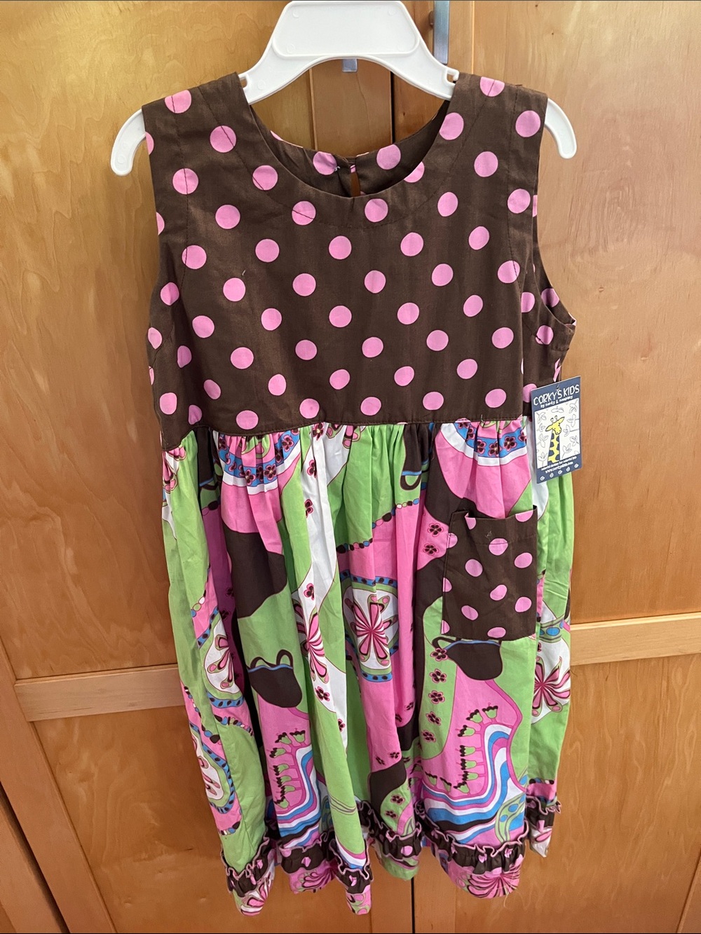 Corkys Brown Bodice Pink Polka Dot & Pink Green Floral Skirt Kids Dress